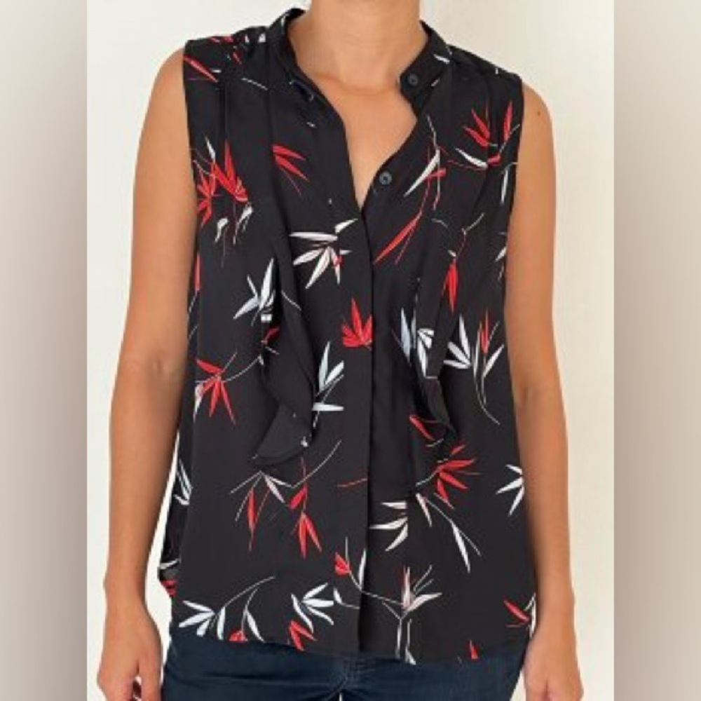 Ann Taylor Women's Size Medium Sleeveless Button Down Blouse‎ Black Red Floral